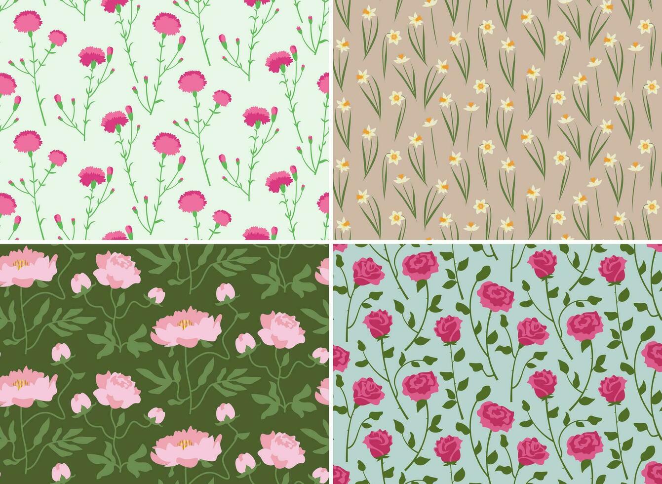 Set of seamless patterns with garden flowers. vector