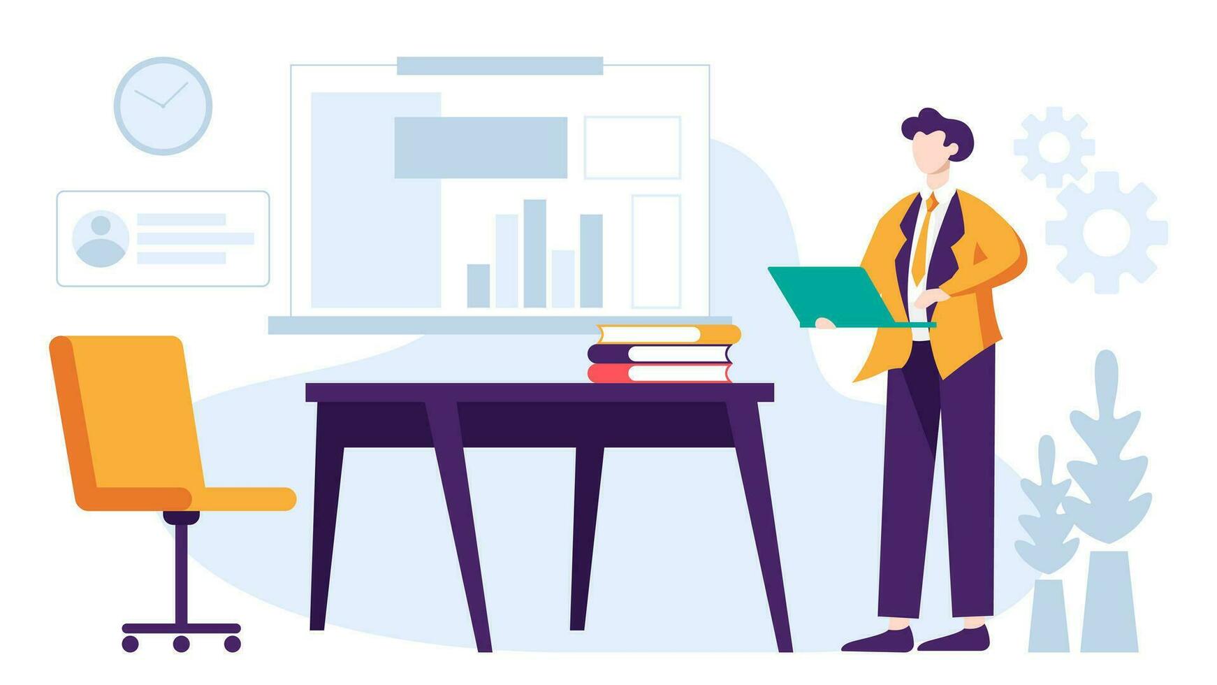 Business people are working together doing meeting, reporting data and brainstorming about marketing strategy in office on white background vector illustration concept in flat design style