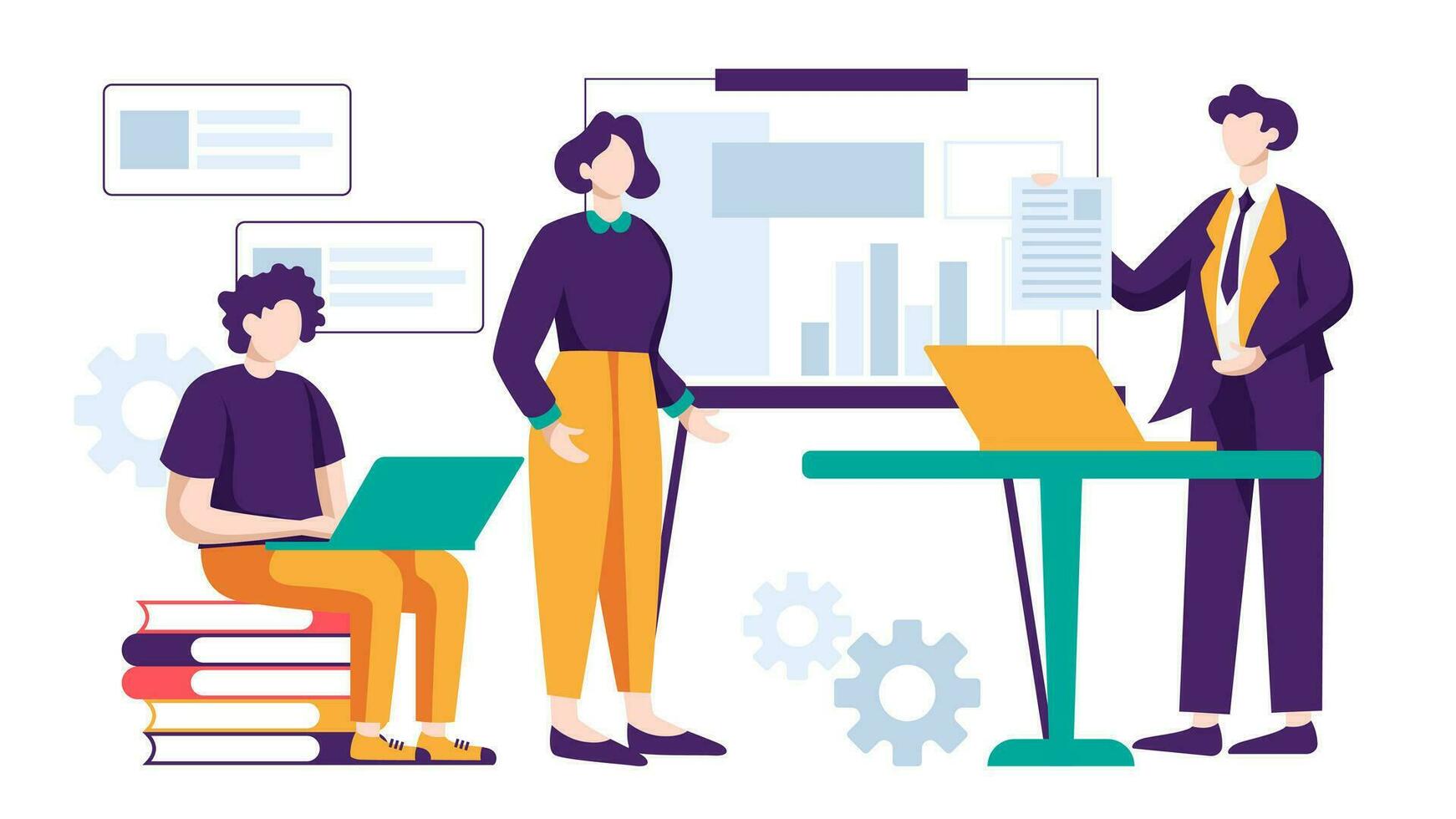 Business people are working together doing meeting, reporting data and brainstorming about marketing strategy in office on white background vector illustration concept in flat design style