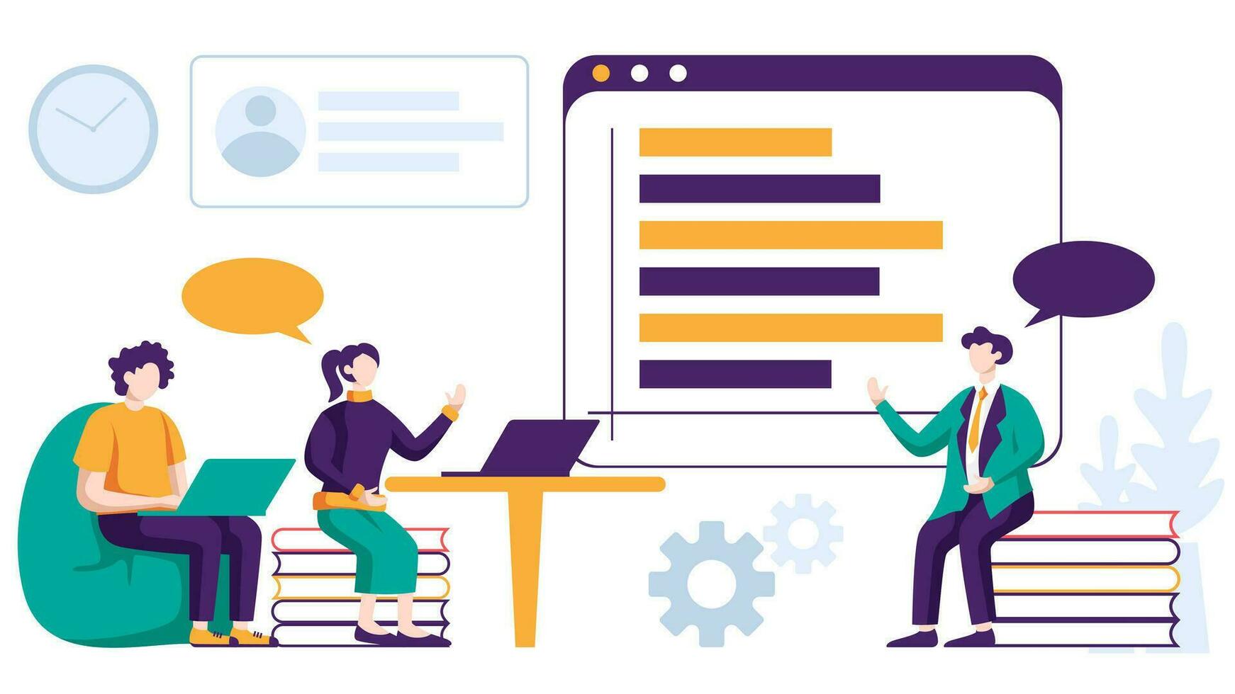 Business flat design related to meeting, presentation, brainstorming, discussion, and marketing strategy illustration concept with geometric elements on white background. vector
