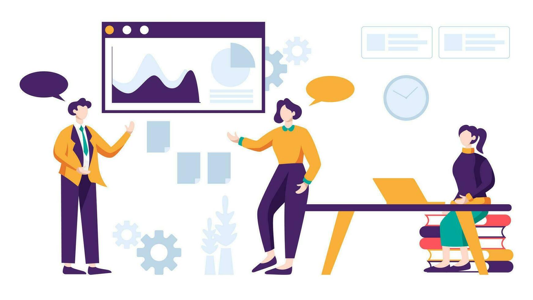 Business people are working together doing meeting, reporting data and brainstorming about marketing strategy in office on white background vector illustration concept in flat design style