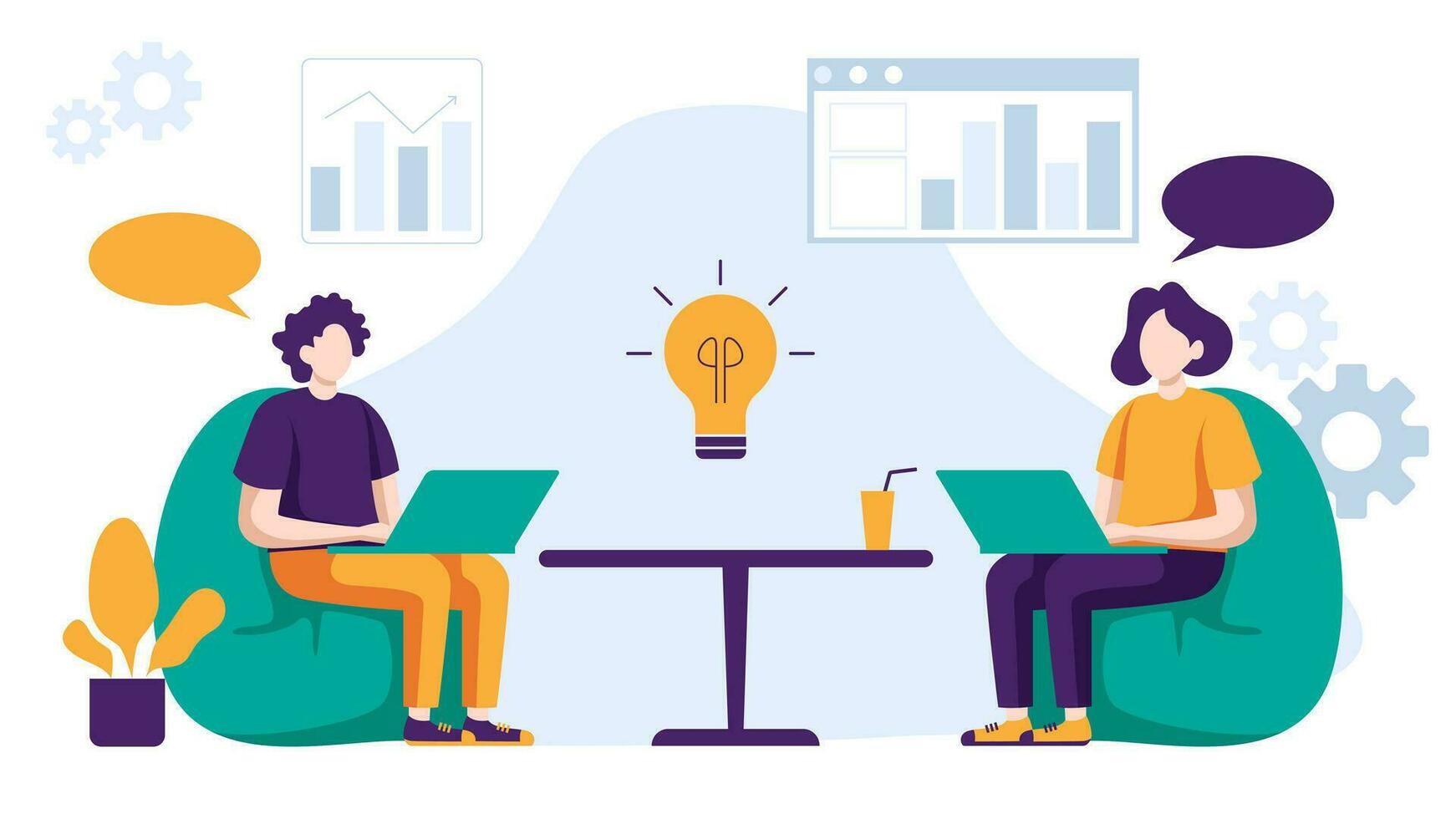 negocio personas son trabajando juntos haciendo reunión, informes datos y lluvia de ideas acerca de márketing estrategia en oficina en blanco antecedentes vector ilustración concepto en plano diseño estilo