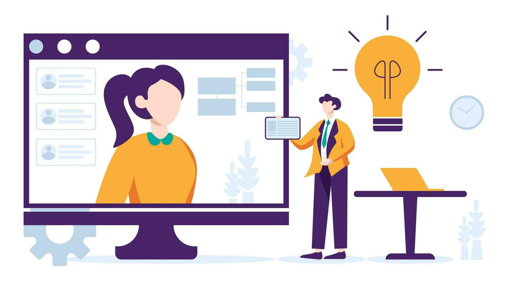 Business people are working together doing meeting, reporting data and brainstorming about marketing strategy in office on white background vector illustration concept in flat design style