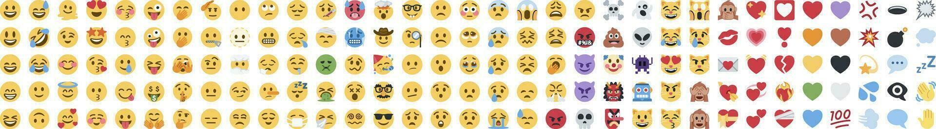 Big set of yellow emoji. Funny emoticons faces with facial expressions. On transparent background. vector