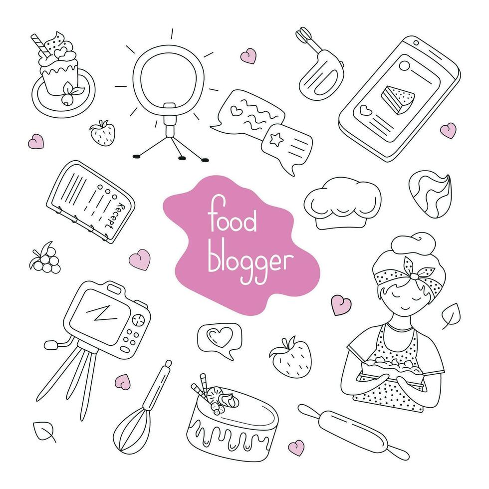 Vector set of food blogger illustrations in doodle style