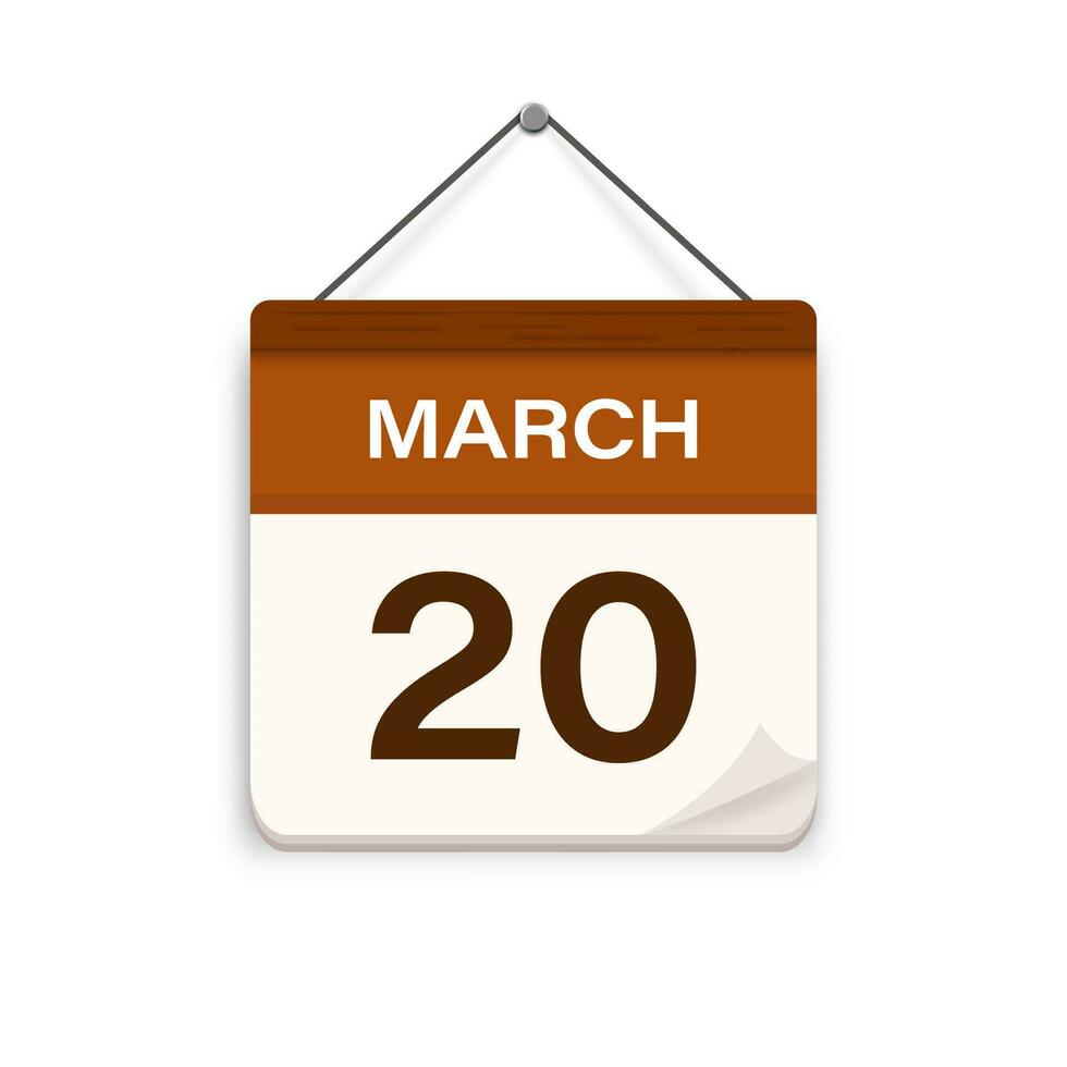 March 20, Calendar icon with shadow. Day, month. Meeting appointment time. Event schedule date. Flat vector illustration.