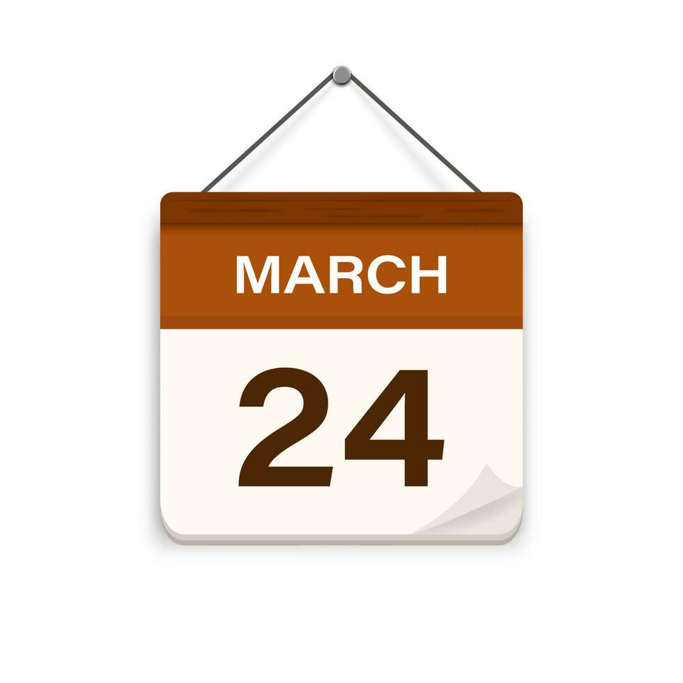 March 24, Calendar icon with shadow. Day, month. Meeting appointment time. Event schedule date. Flat vector illustration.