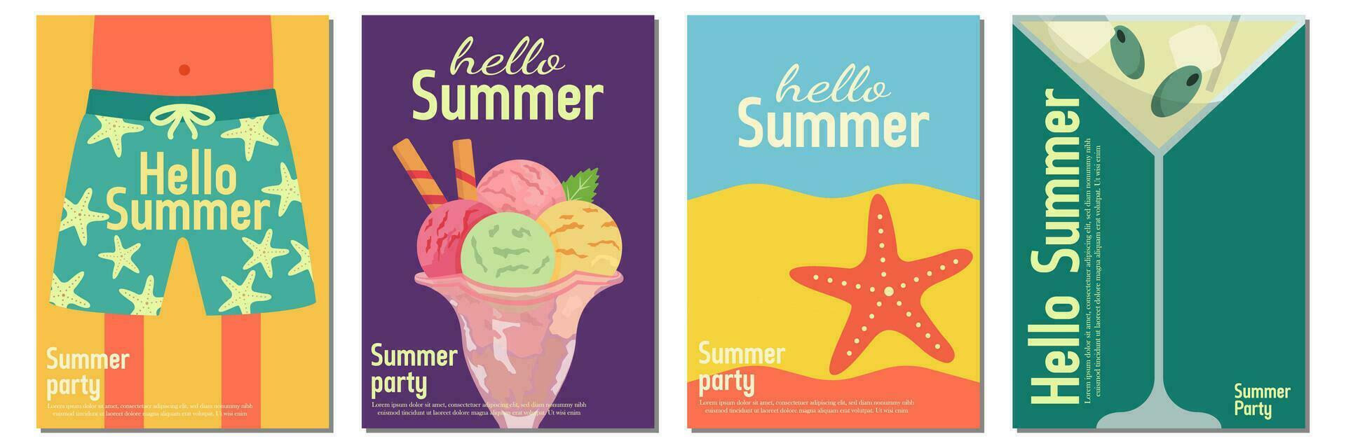 Summer. Ice cream, cocktail, beach shorts and the sea. Set of vector illustrations summer party. Abstract vector background. Perfect background for posters, hello summer, flyer, banner