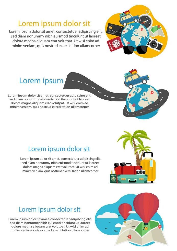 Travel Summer poster or banner set. Vector tourism and tourist. Flight or car journey and trip illustration vacation holiday