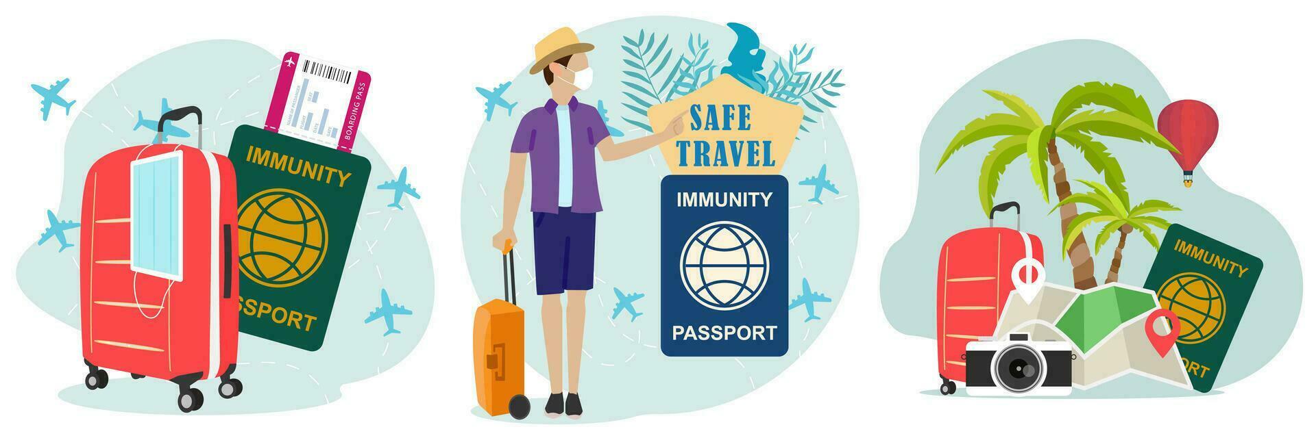 Travel Summer poster or banner set. Vector tourism and tourist. Flight or car journey and trip illustration vacation holiday