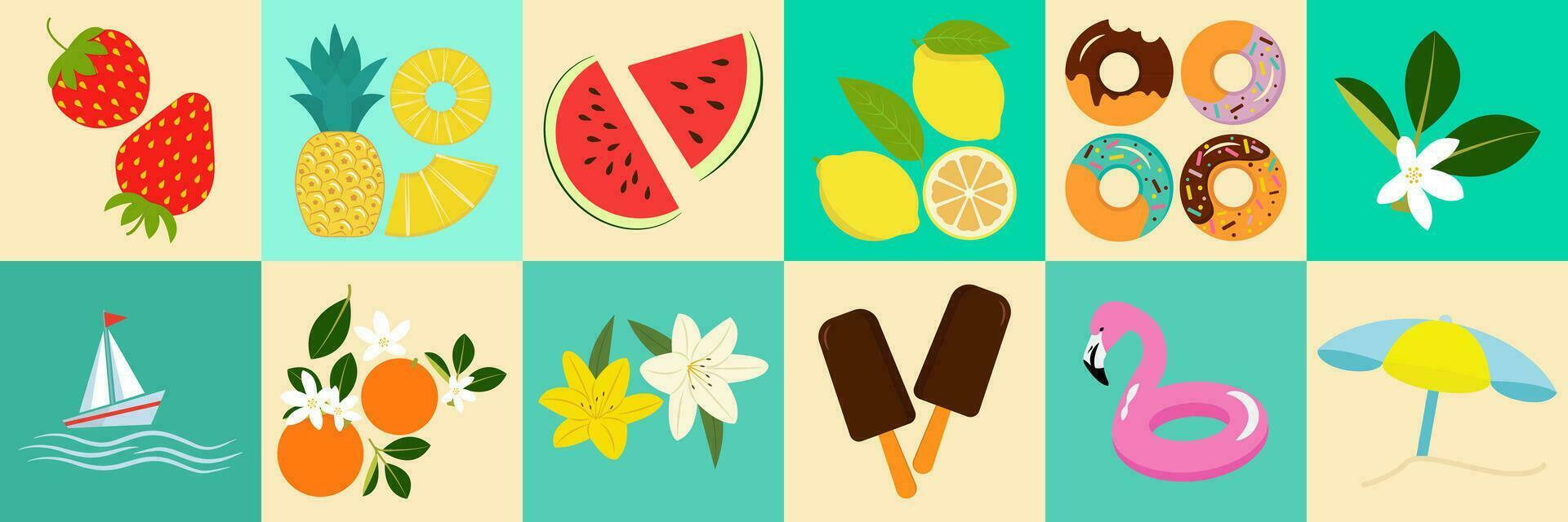 Summer and beach item, fruit or ice cream set with cute illustrations vector icon.