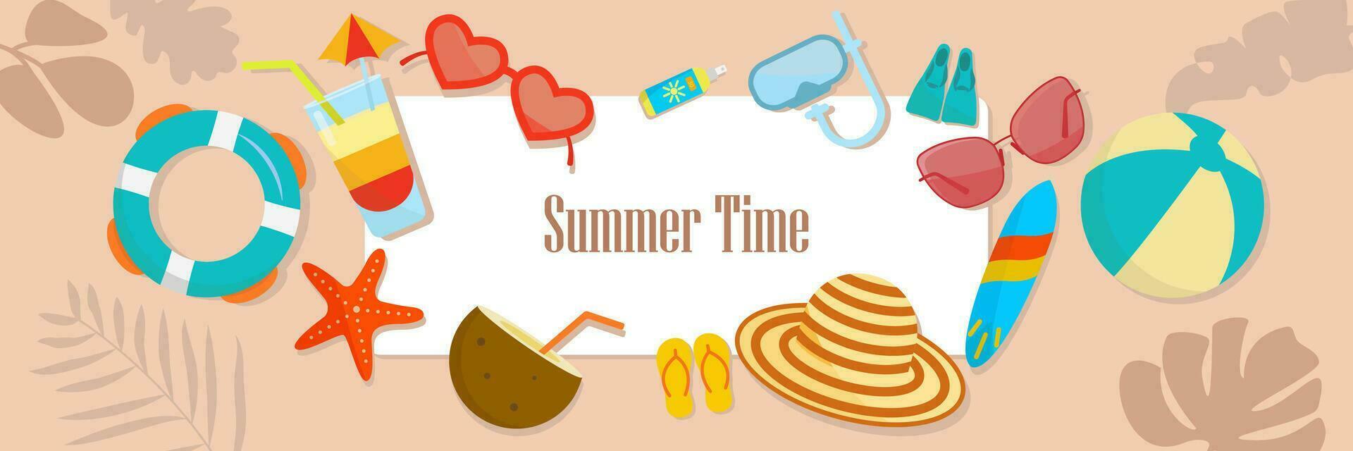 Vector summertime set with summer items umbrella, snorkeling mask and snorkel, travel, surfboard, slippers, ice cream, ukulele, exotic fruits. Doodle cartoon illustration.