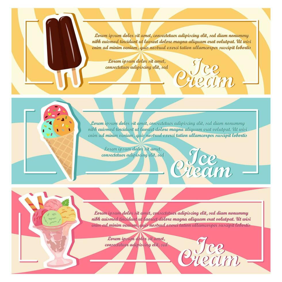 Summer. Ice cream, banana, watermelon, beach shorts and the sea. Set of vector illustrations. Abstract vector background. Card posters, cover art, flyer, banner.