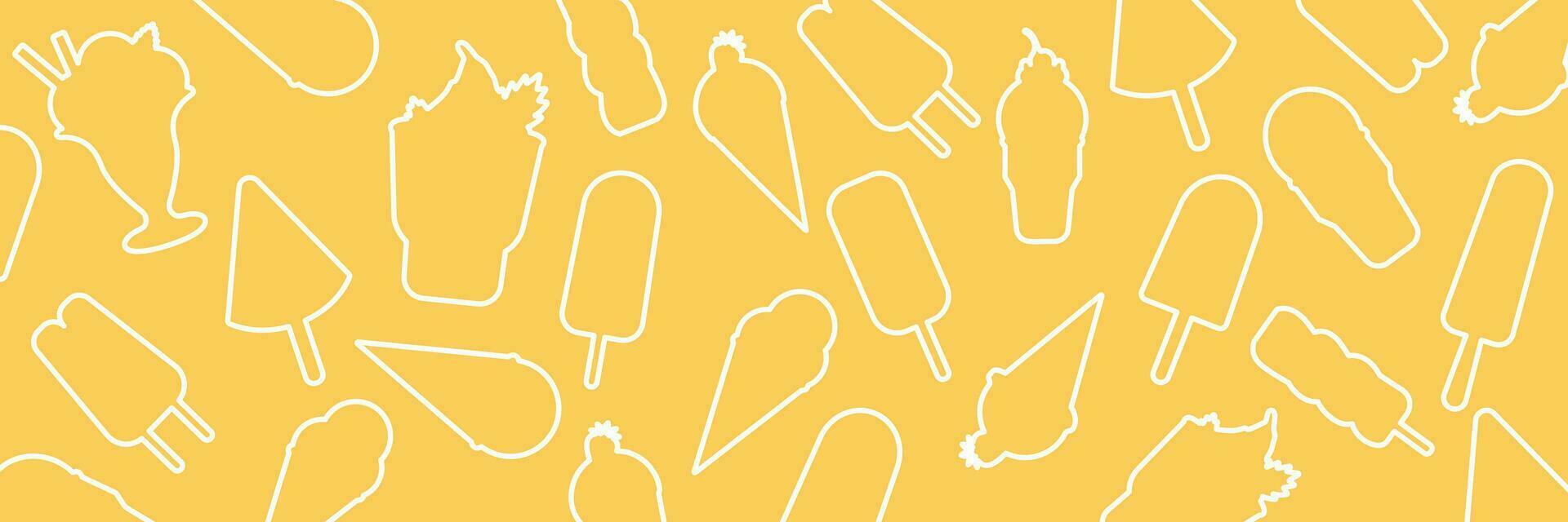 Seamless background with cartoon cute ice-creams. Vector pink or fellow backdrop. Use for wallpaper, pattern fills, web page background. Summer fun.