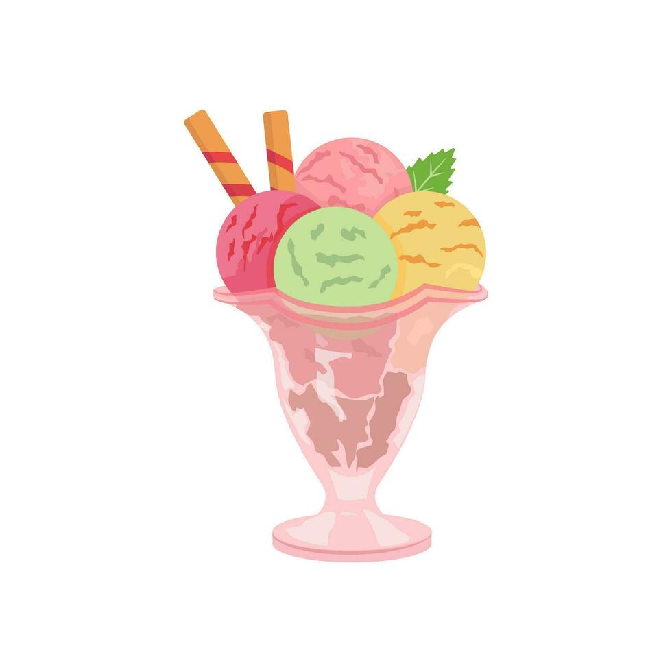 Colorful tasty isolated ice cream. Vector. Summer season fresh and beach food snack or cool down. Milk chocolate and vanilla with fruit or candy. Mint. vector
