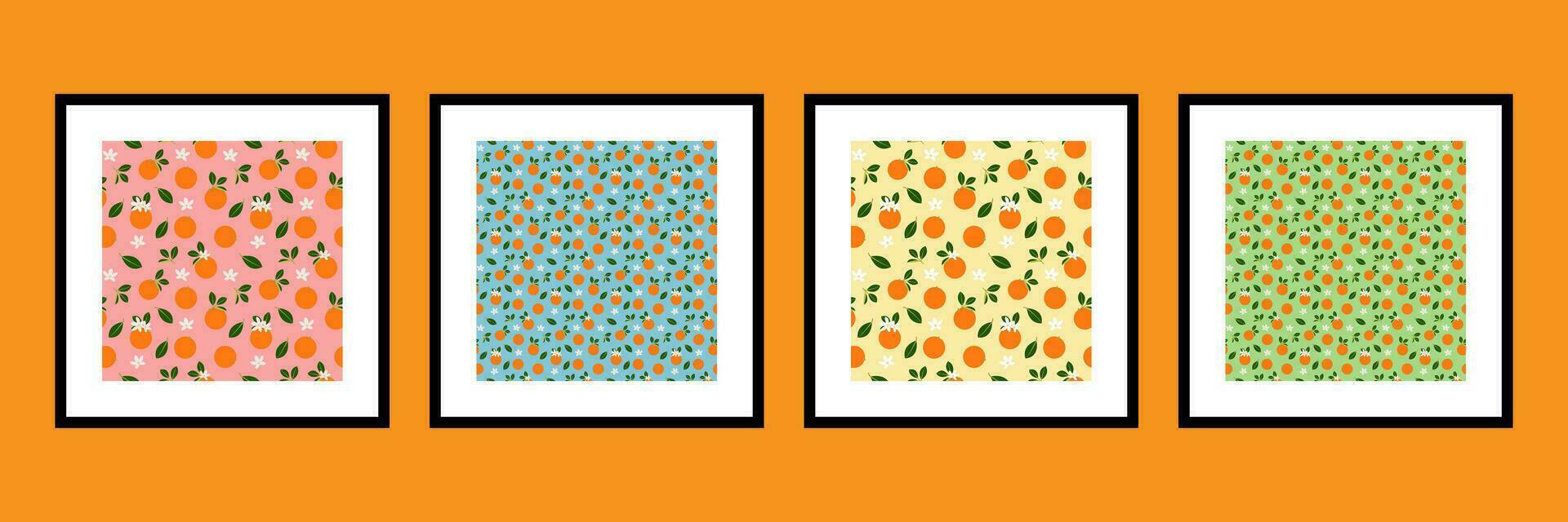 Orange fruit seamless vector pattern design or illustration set. Can be used for printing on fabric, paper, clothes, wallpapers, magazine, book, card, menu cover, web pages