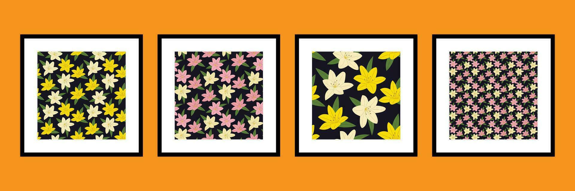 Lily flower. Tropical floral seamless pattern set. Vector print with vanilla flowers for home test bed linen, printing fabric, paper, clothes, wallpapers, magazine, book, card, menu cover, web pages