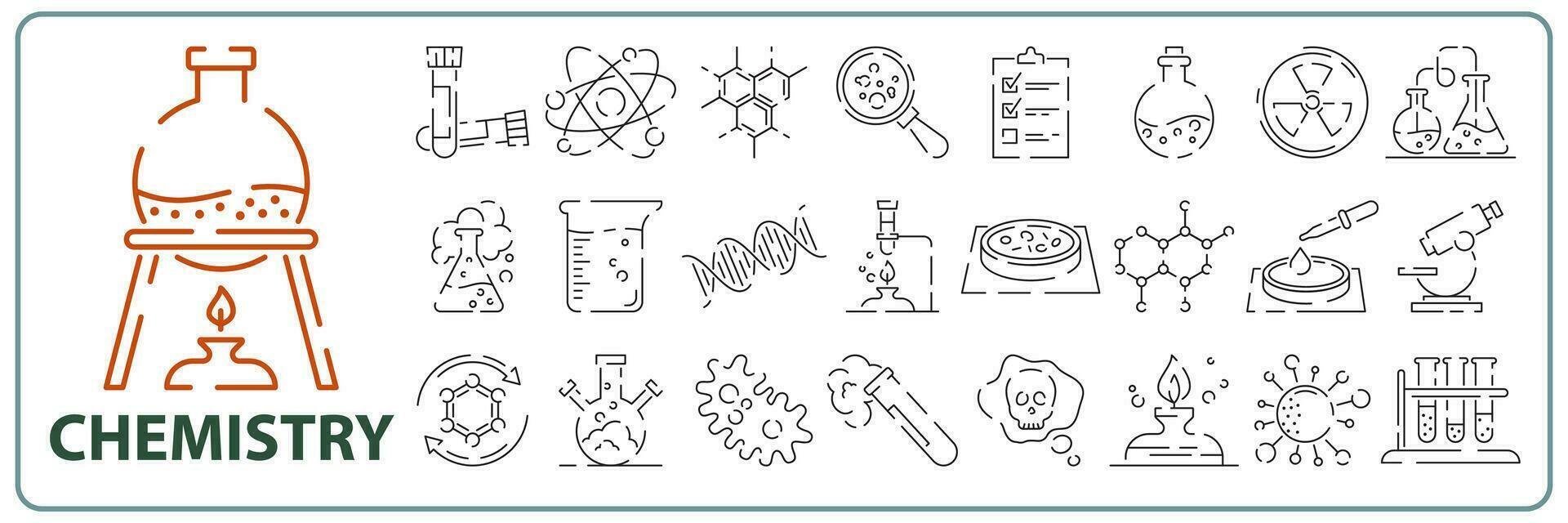 Simple Set of Chemical Related Vector Line Icons. Contains such Icons as Atom, Flask, Experiment, Research, Laboratory and more. Editable Stroke. 48x48 Pixel Perfect.