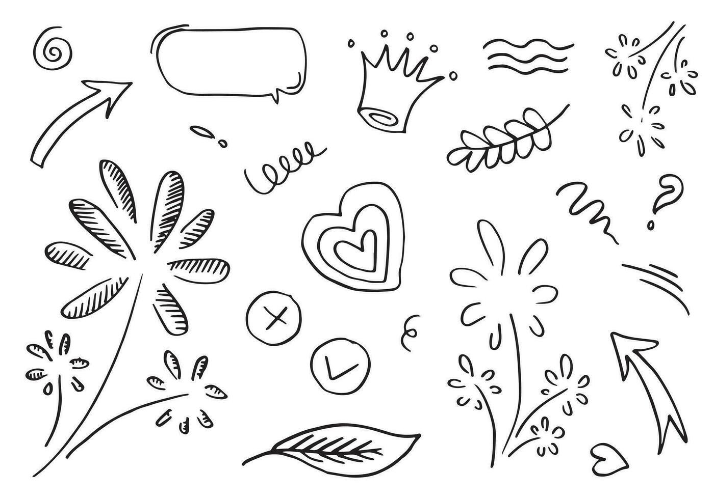 hand drawn set elements, arrow, heart, star, emphasis for concept design vector