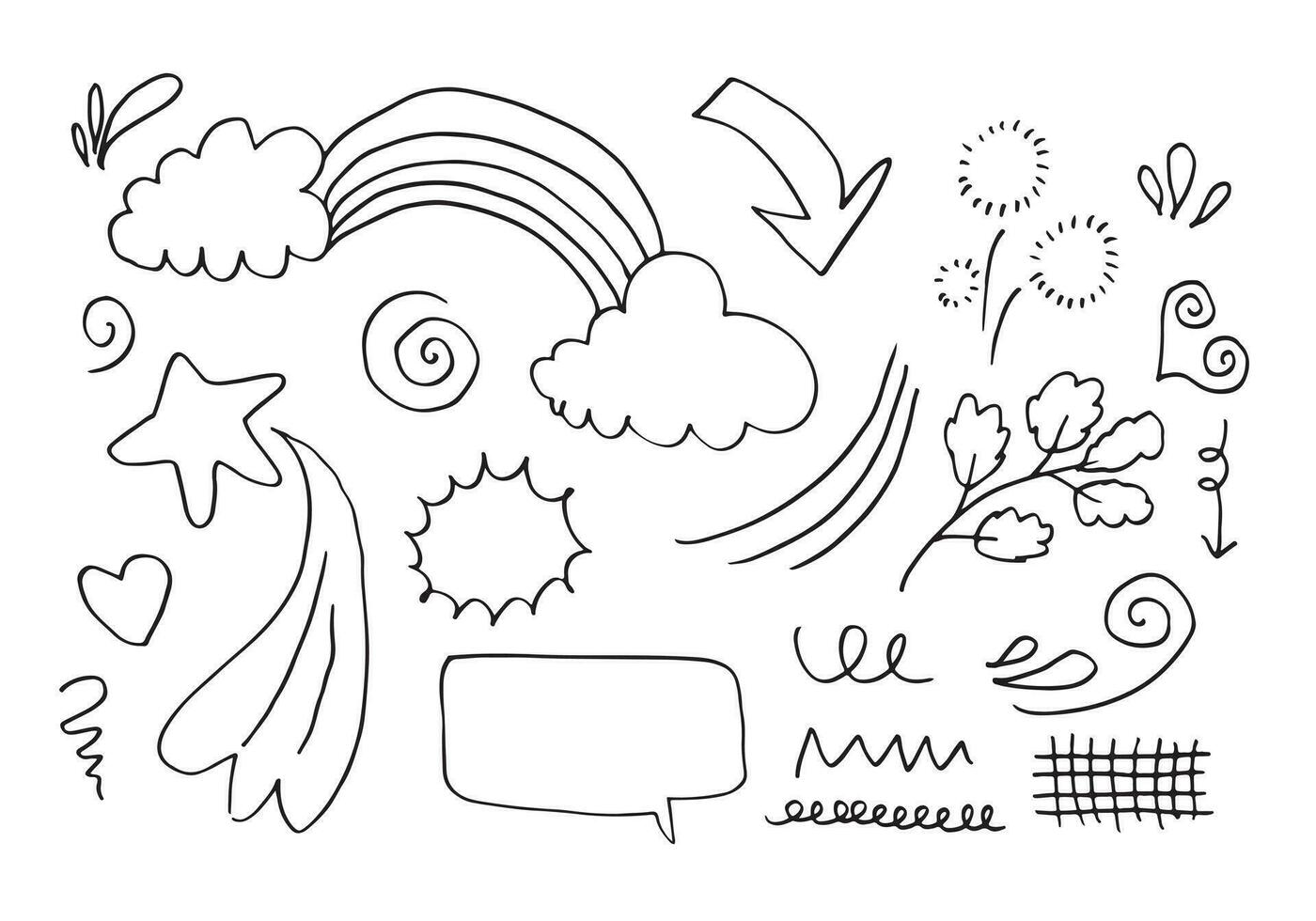 hand drawn set elements, black on white background. cloud, rainbow, leaf, heart, light, emphasis, bubble speech, arrow, star, vortex, for concept design. vector