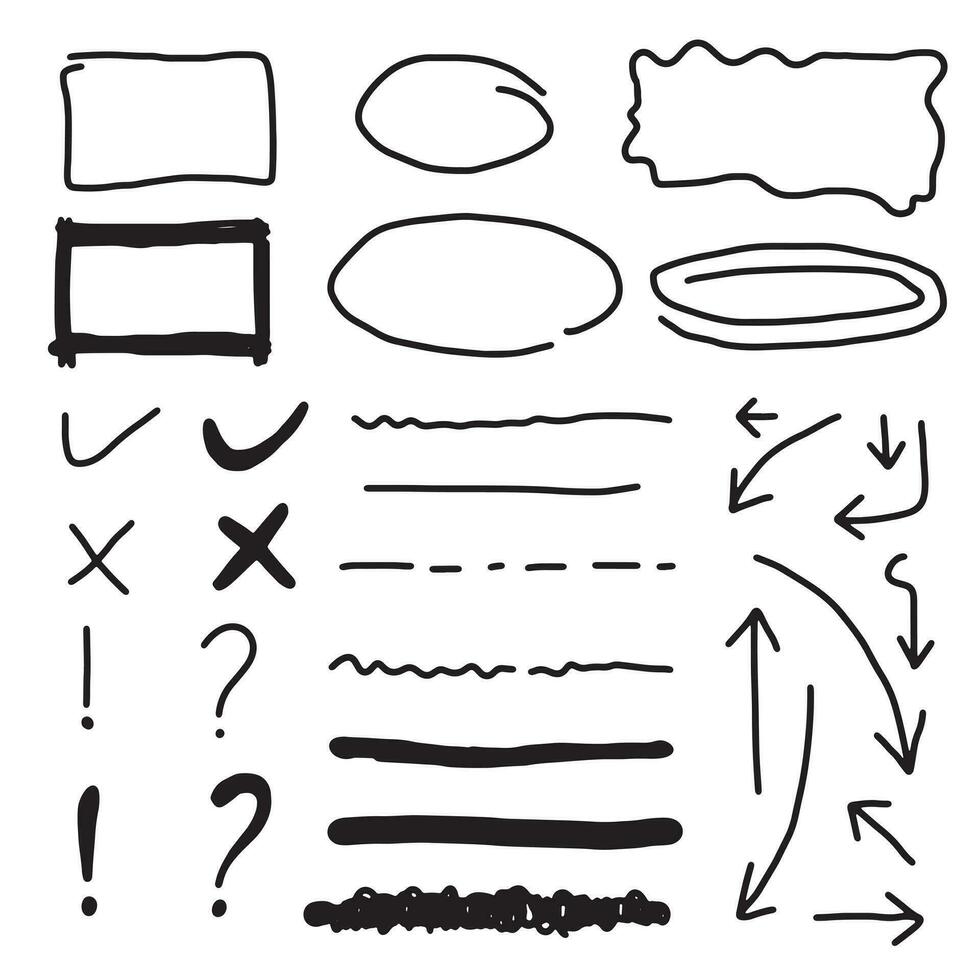 Doodle vector lines and curves.Hand drawn check and arrows signs. Set of simple doodle lines, curves, frames and spots. Collection of pencil effects. Doodle border. Simple doodle set.