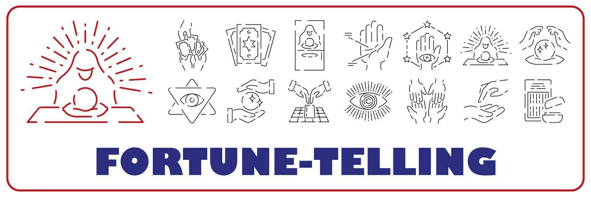 Fortune telling line icon set. Included icons as fortunes, tarot, palmistry, Chi-Chi Sticks, horoscope and more. vector