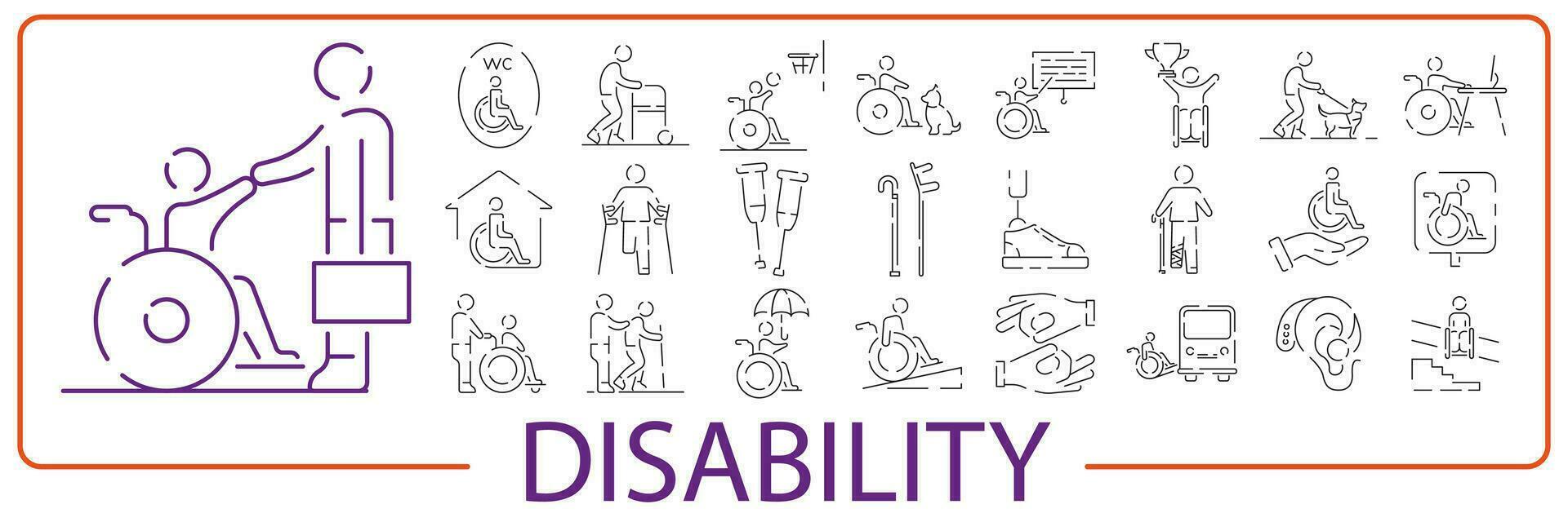 discapacitado personas íconos colocar. lineal o línea estilo iconos vector ilustración social asunto.