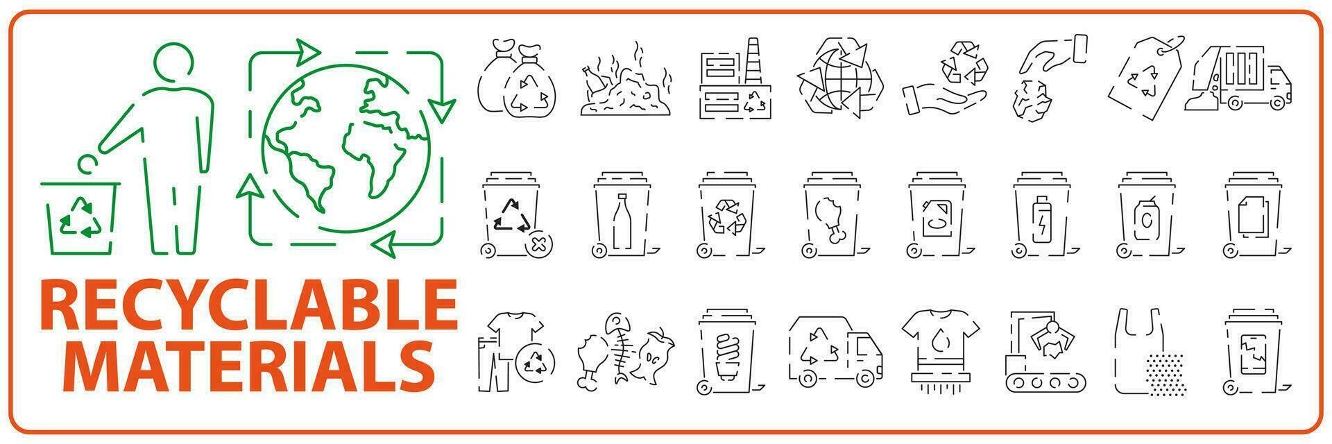 Recyclable material line icon set. Ecology Collection Recycling, Alternative Energy Source, Ecohouse, Environmental Protection, Global Warming and other. vector