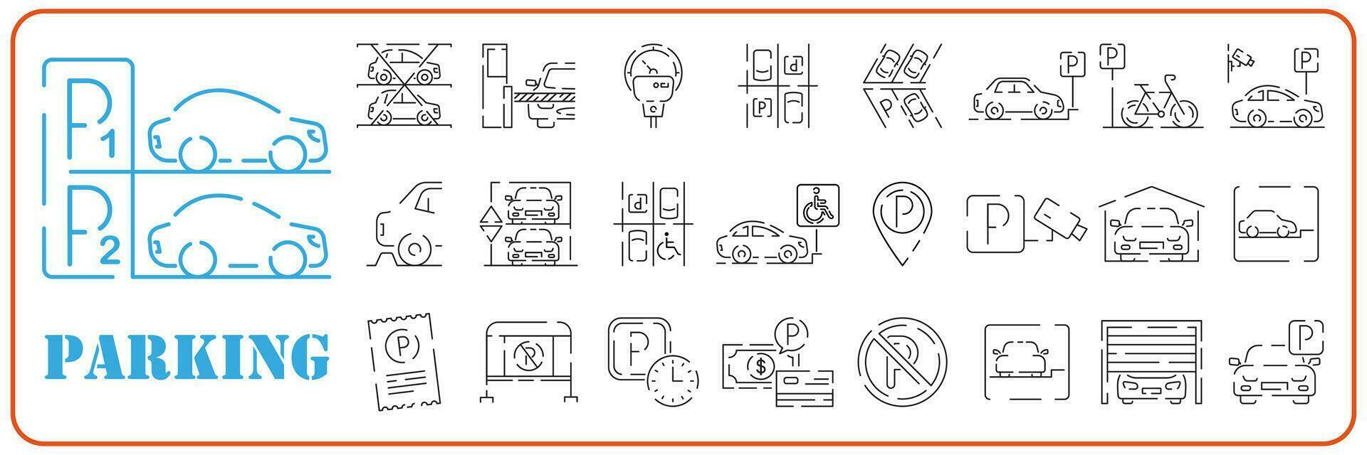 Parking line icon set. Included icons as Garage, Valet servant, Paid parking, recorder, lift, security camera and more. vector