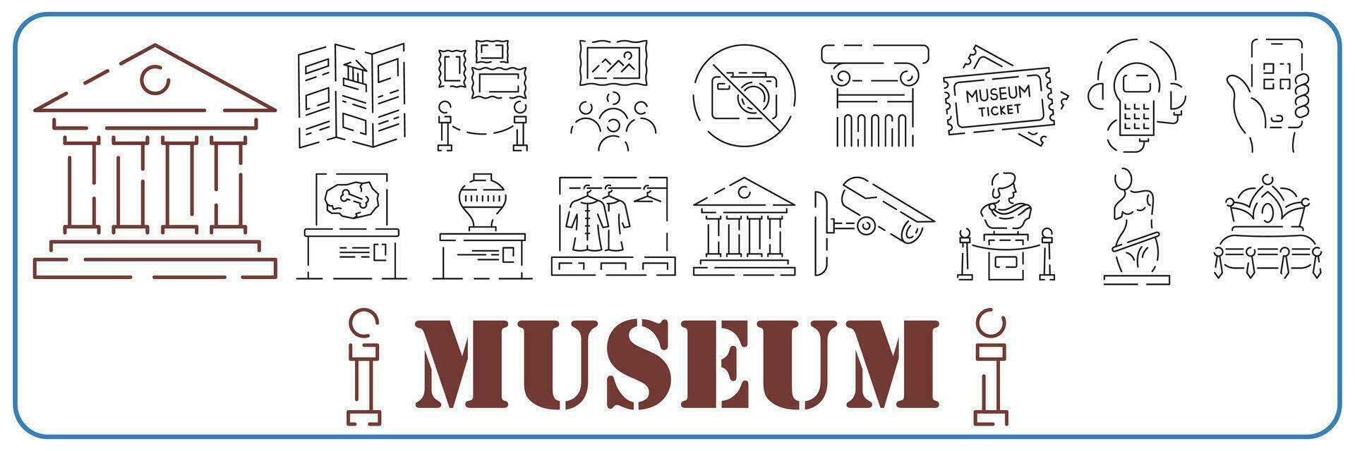 Museum icons flat line set of statue column audio guide isolated vector illustration.