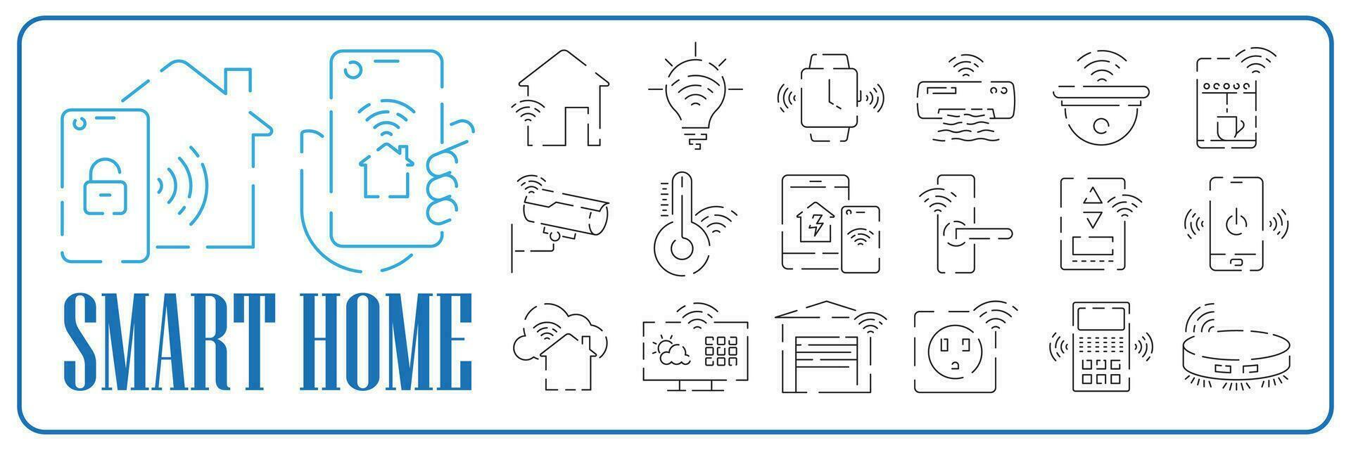 Set vector line icons in flat design smart home, smart systems and technology with elements for mobile concepts and web apps. Collection modern infographic logo and pictogram.