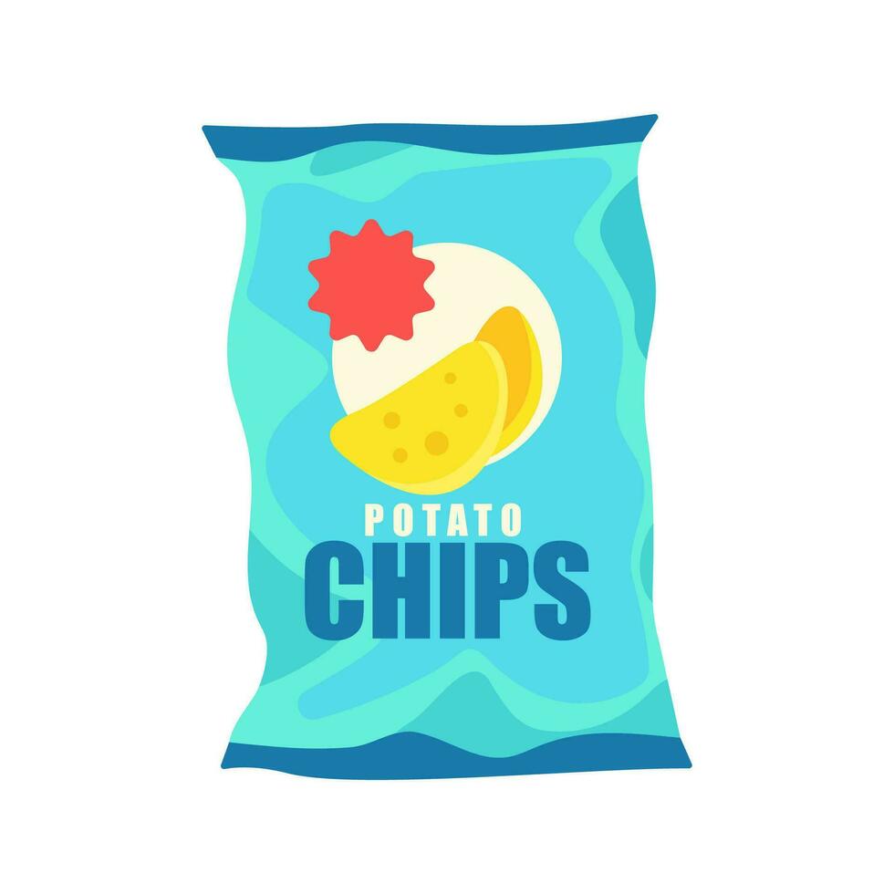 Potato chips. Realistic mockup package of red chips package with label isolated on white background, foil bags with potato snack, vector illustration snack, junk food.