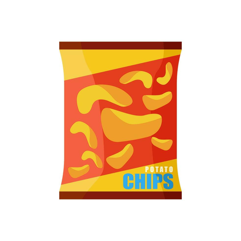 Potato chips. Realistic mockup package of red chips package with label isolated on white background, foil bags with potato snack, vector illustration snack, junk food.