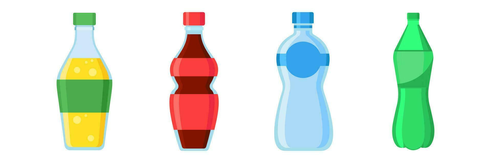 Beverages bottles, soda, lemon or orange and water. Snack vector illustration.