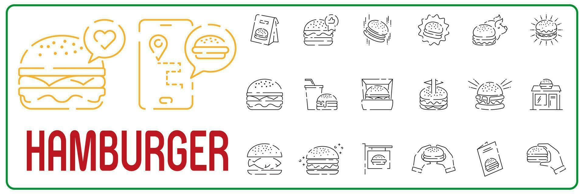 Set of burger Related Vector Line Icons. Hamburger or cheeseburger, sandwich, steak, street food, cheese, sauces, grill, fast food, cafe. Junk food unhealthy.
