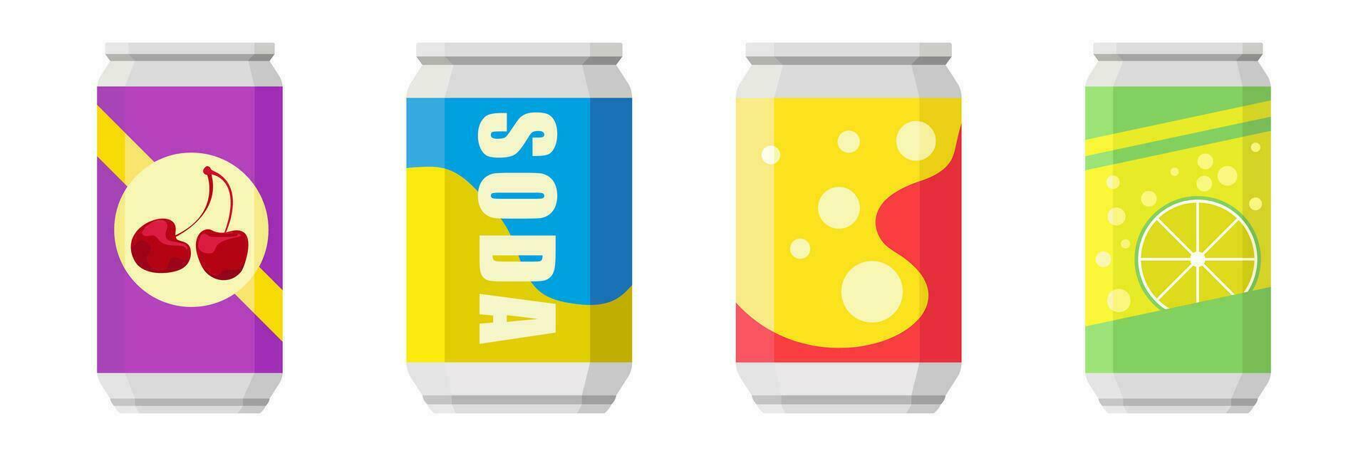 Soda in colored aluminum cans set icons isolated on white background. Soft drinks sign. Carbonated non-alcoholic water with different flavors. Drinks in colored packaging. Vector illustration.