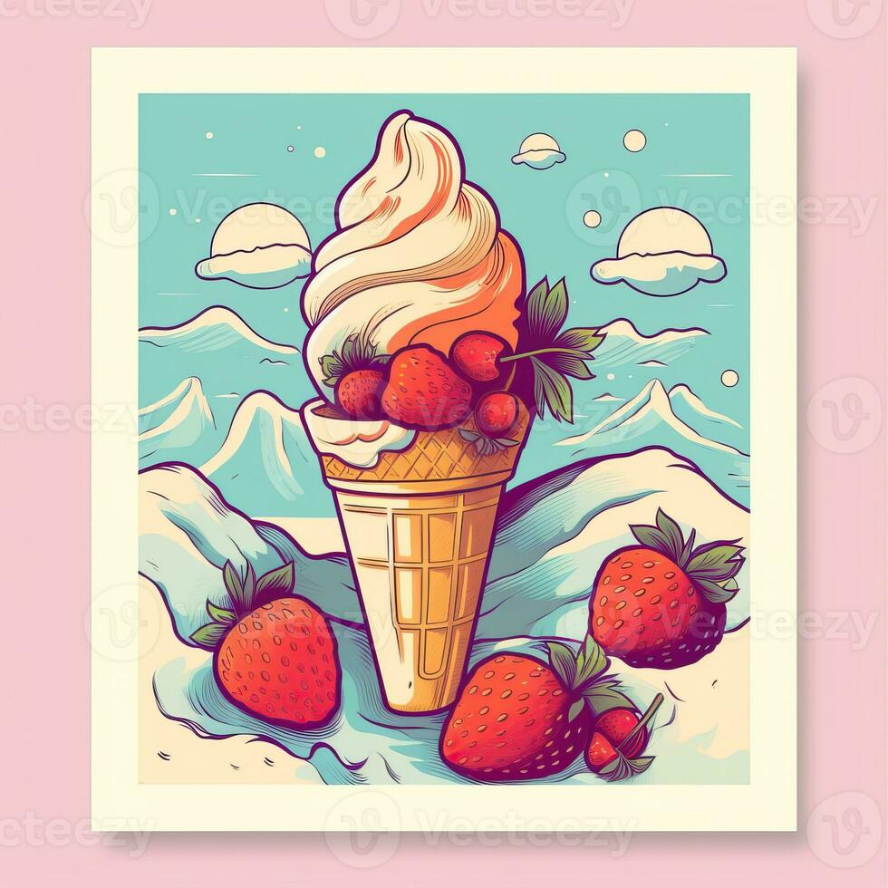 hielo crema retro estilo, hielo crema 1970 dibujos animados póster alto calidad ai imagen generado foto