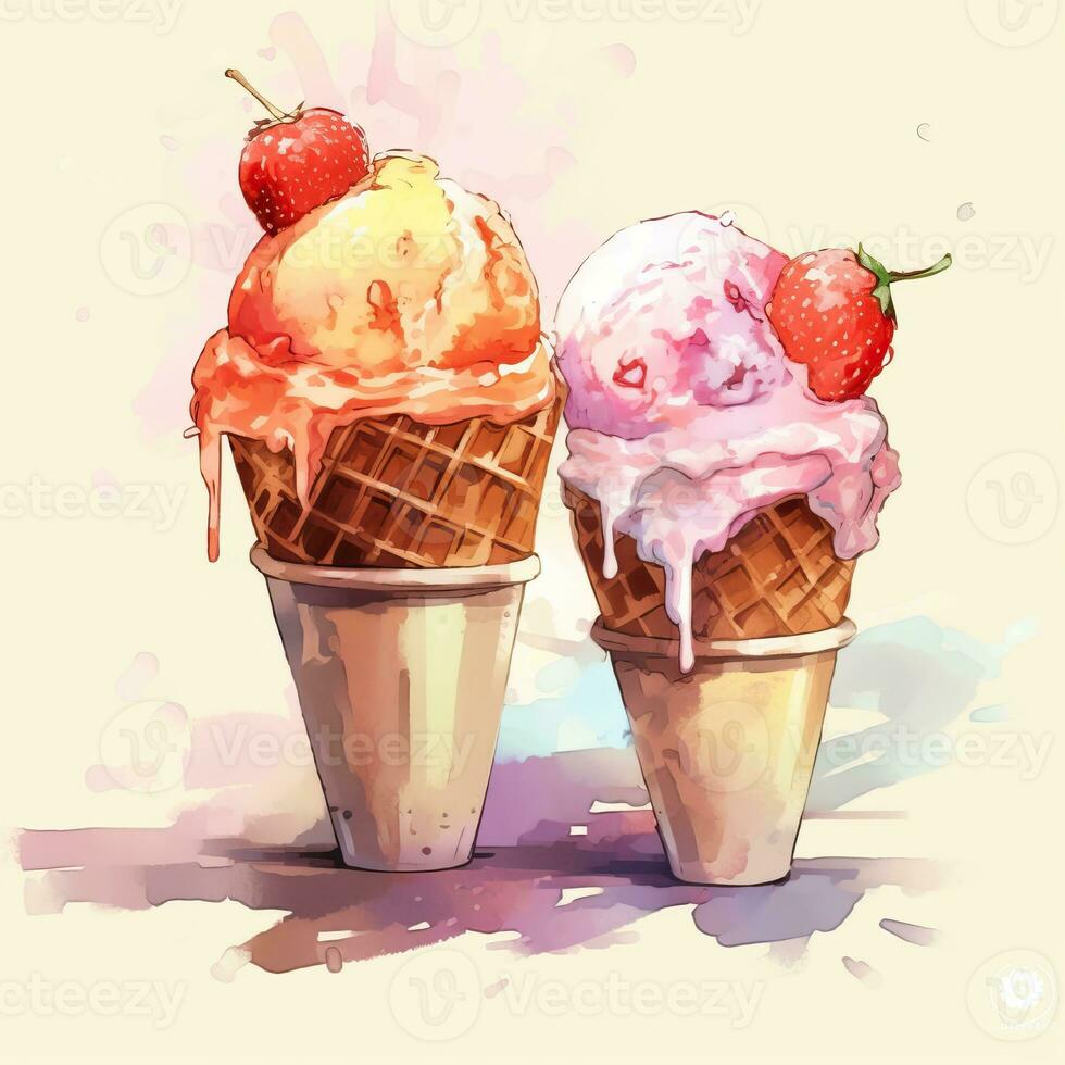 Ice cream watercolor style, ice cream retro style flat posterhigh quality ai image generated photo