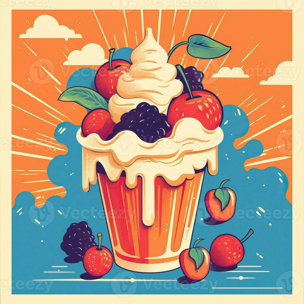 Ice cream retro style, ice cream 1980s poster, ice cream with fruits flat high quality ai image generated photo