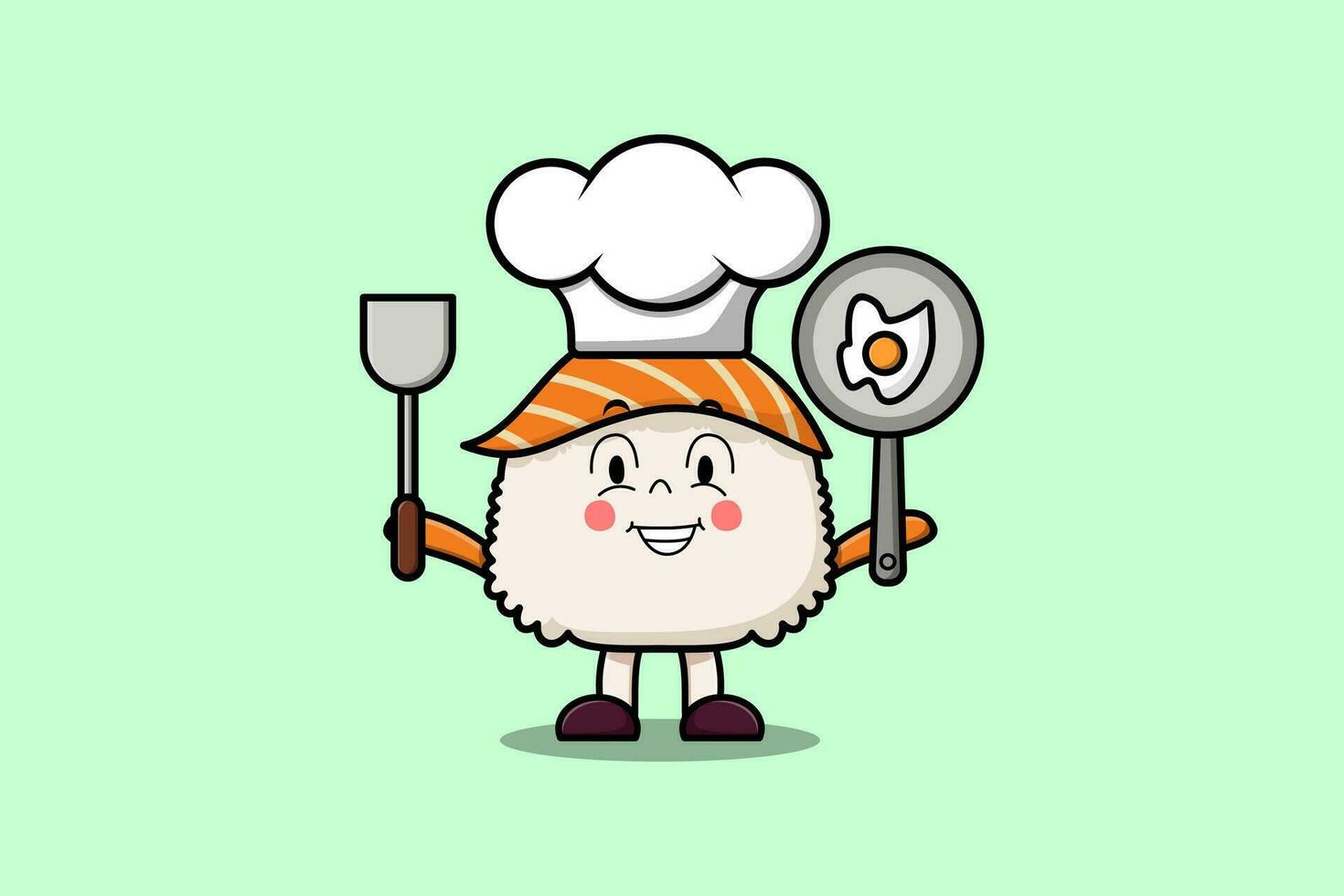 lindo chef de sushi de dibujos animados sosteniendo pan y espátula vector