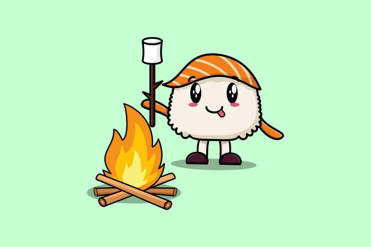 Cute cartoon sushi character burning marshmallow vector