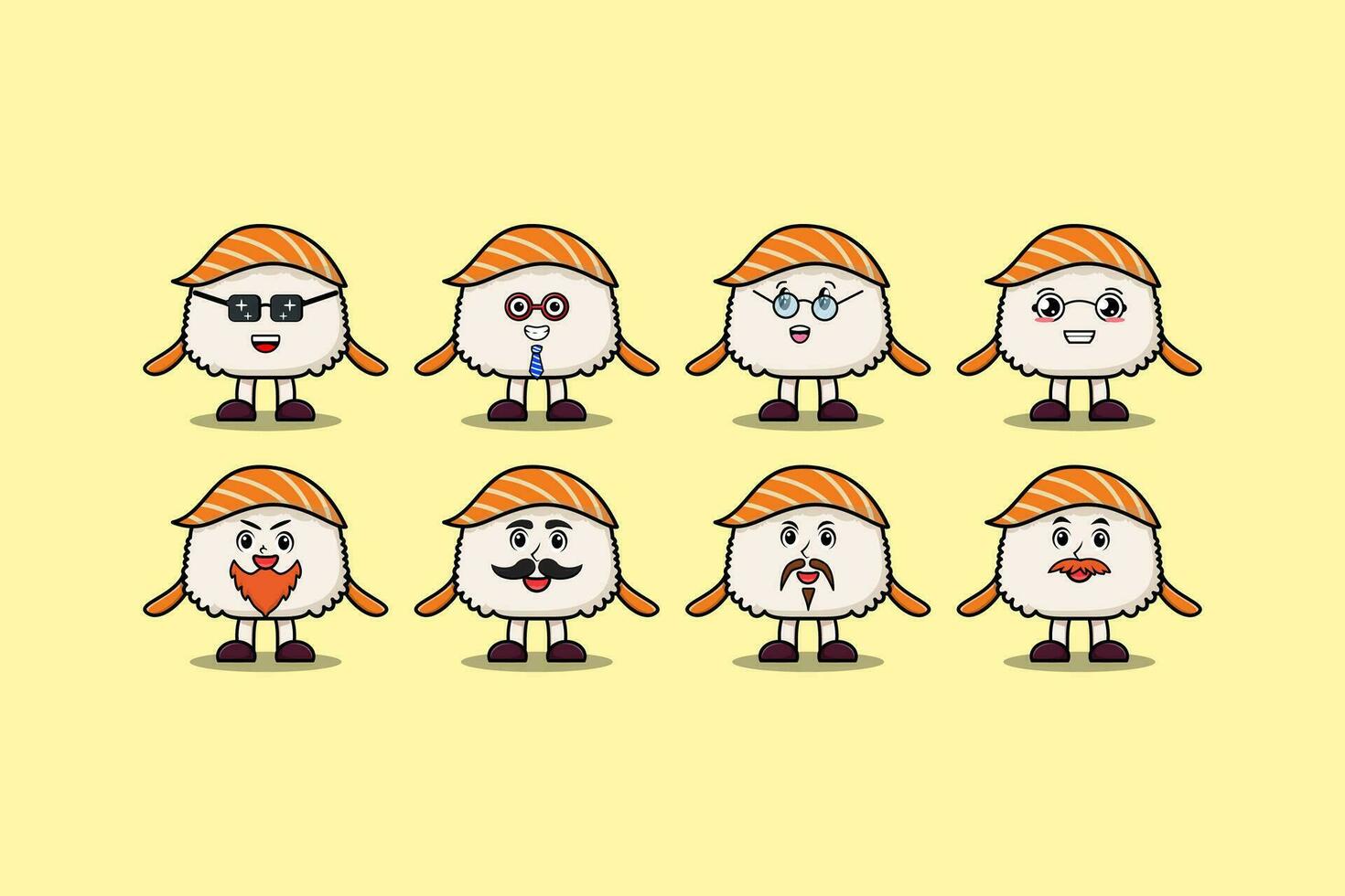 Set kawaii Sushi cartoon character expressions vector