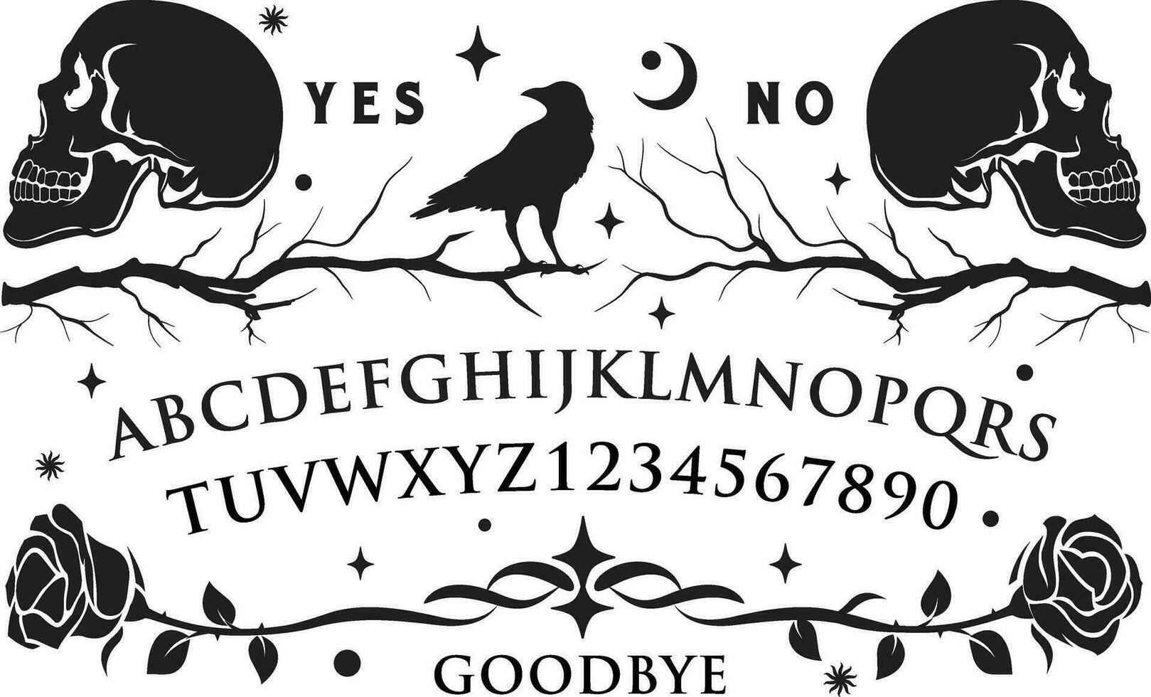 Graphic template inspired by Ouija Board. skeleton skull with crow and roses surrounded by moon and stars texts and alphabet. Gothic typography. Ghosts and demons calling game. vector