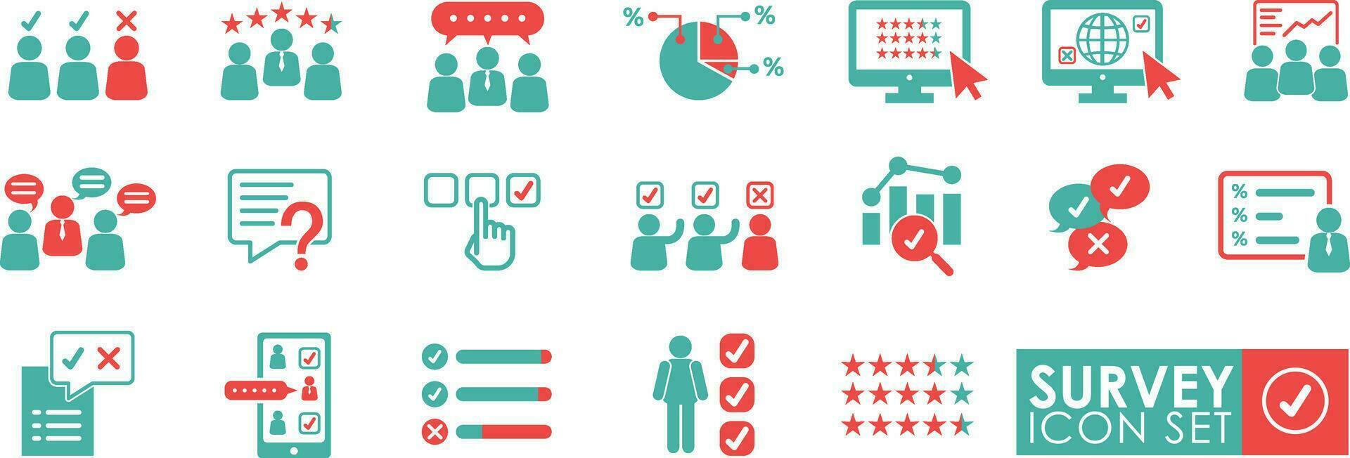 Survey icon set. Feedback, opinions, questionnaire, poll, research, data collection, review, and satisfaction icons. Vector illustration. Solid icon collection.