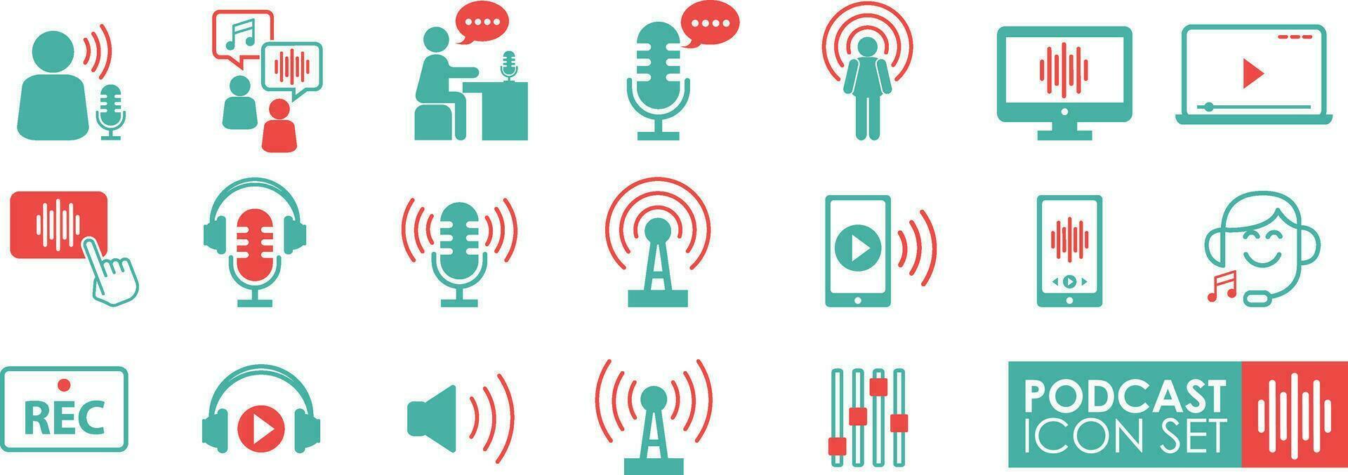Podcast icon set. Containing audio, microphone, recording, podcasting, broadcasting, and streaming icon. Vector illustration. Solid icon collection.
