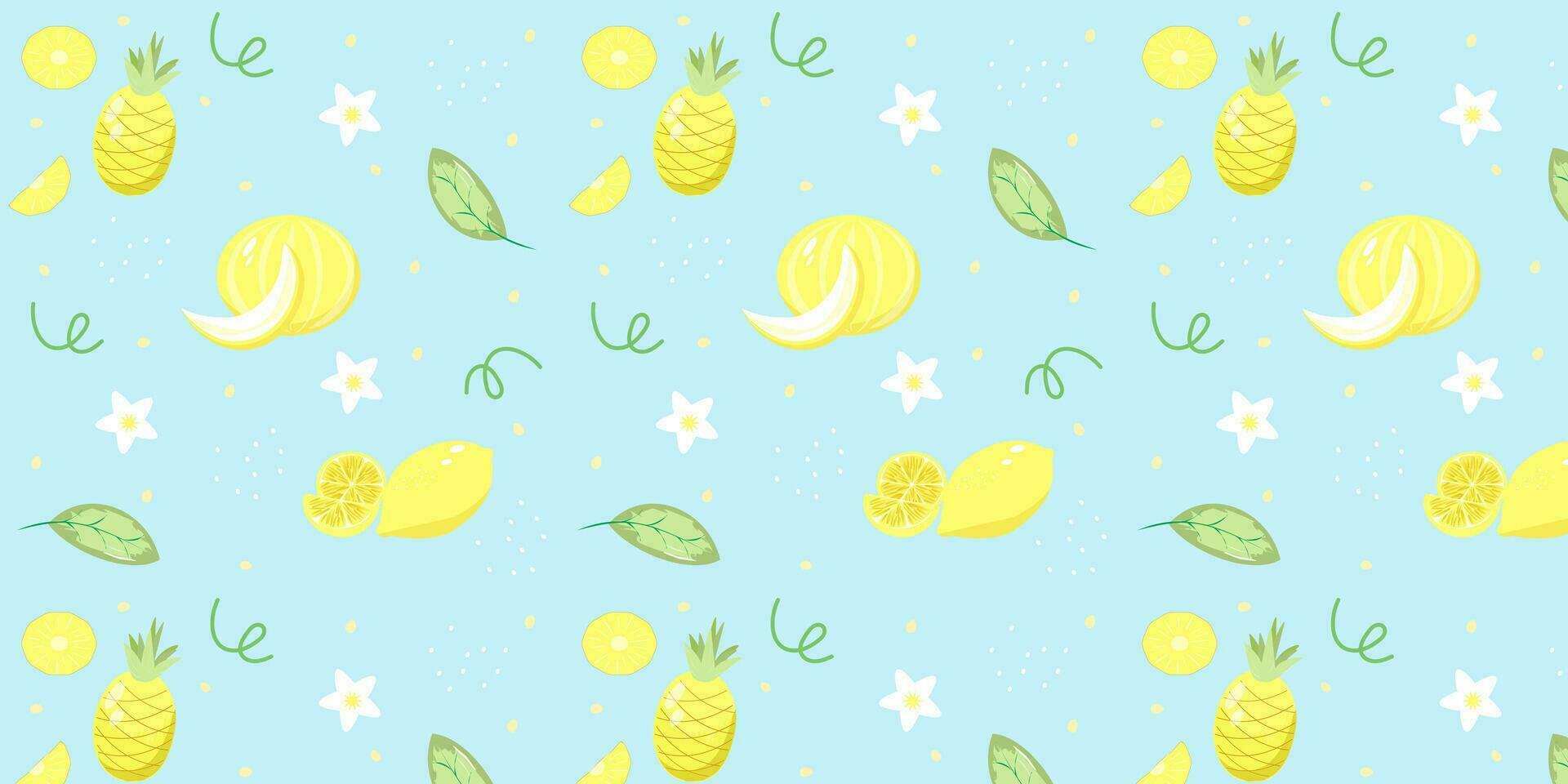 Seamless summer pattern pattern fruit lemon pineapple melon on blue background. EPS10 vector