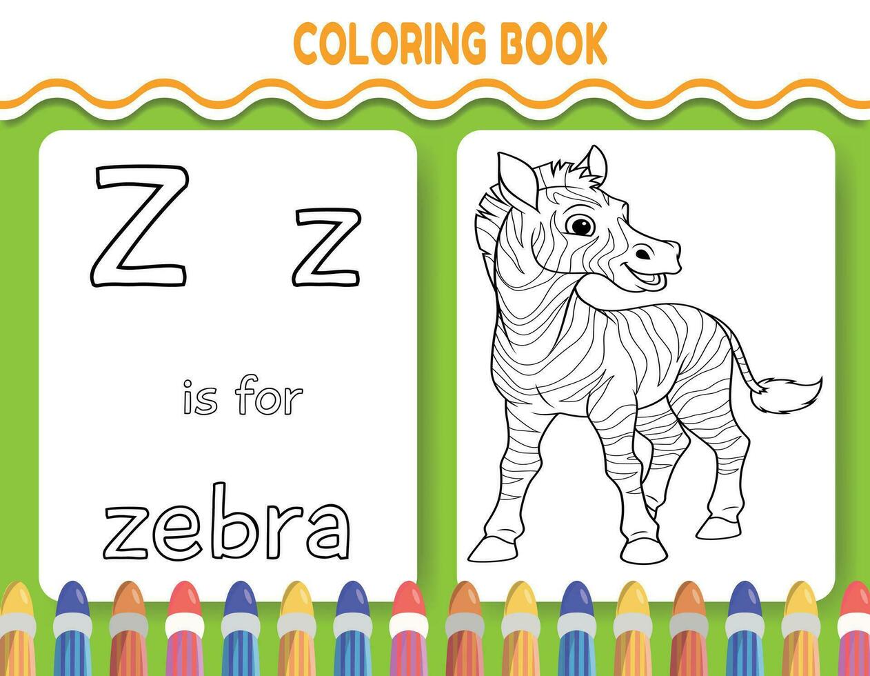 Kids alphabet coloring book page with outlined clipart to color. The letter Z is for zebra. vector