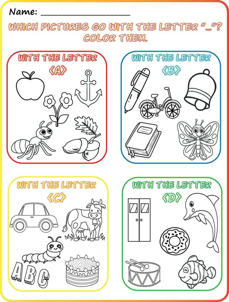 Early reading and writing worksheet Reading pictures, Coloring, Identifying objects, Learning the alphabet, Learning the letters A, B, C, and D, Practicing letter sounds. vector