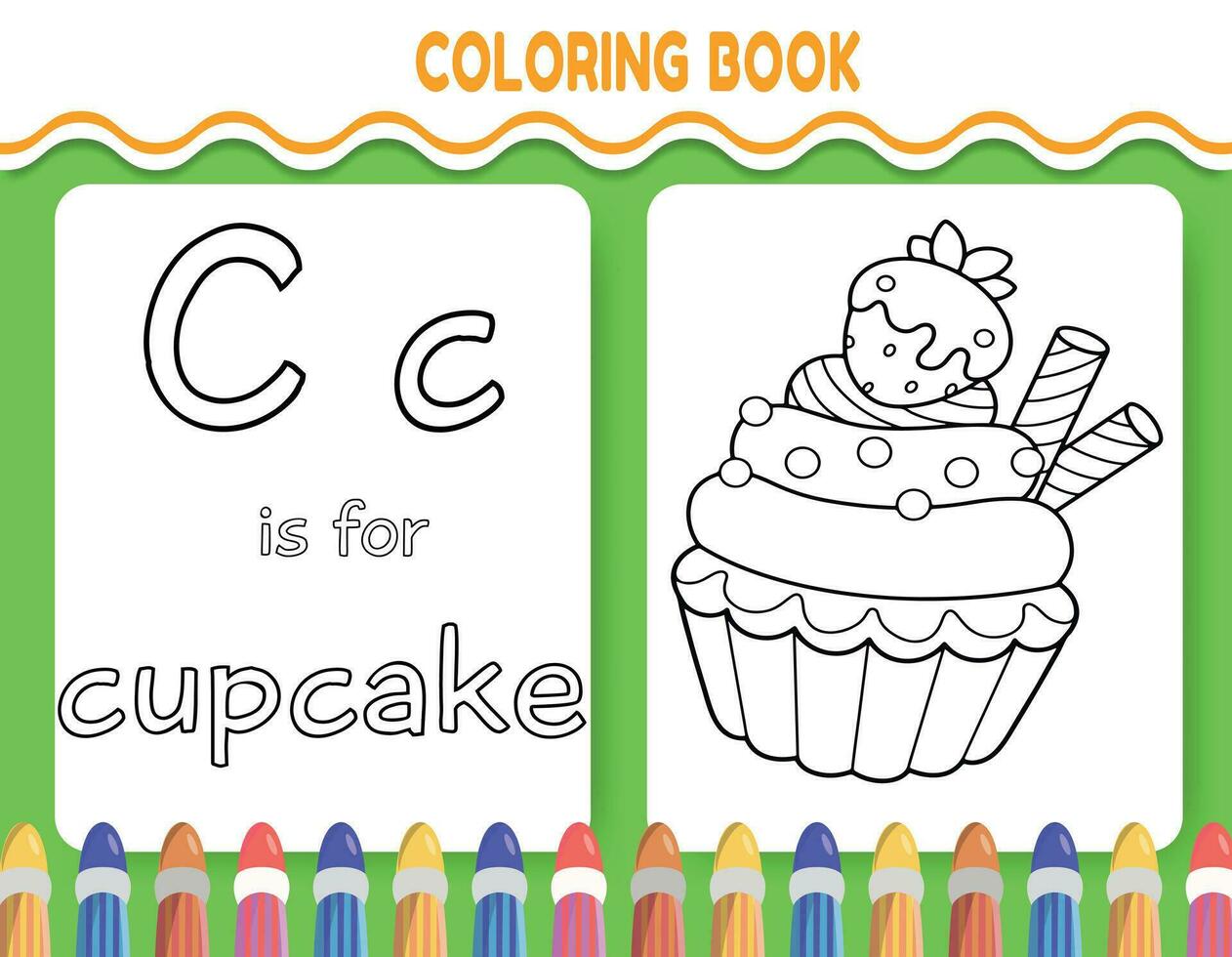 Kids alphabet coloring book page with outlined clipart to color. The letter C is for cupcake. vector