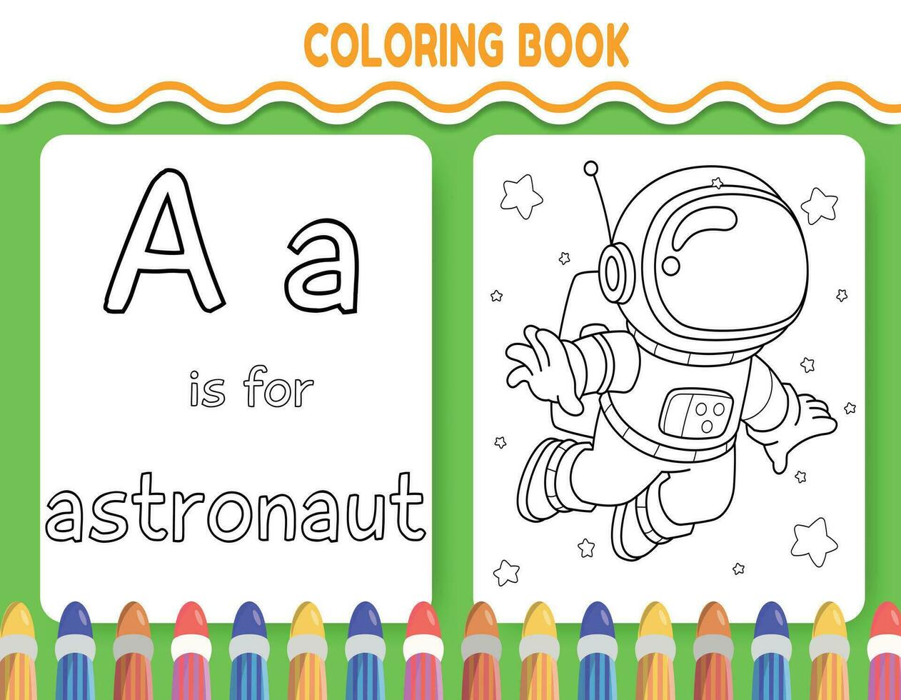 Kids alphabet coloring book page with outlined clipart to color. The letter A is for astronaut. vector